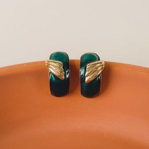 Vintage Jewel Green Enamel Gold Feather Curved Half Hoop Chunky Chic Earrings